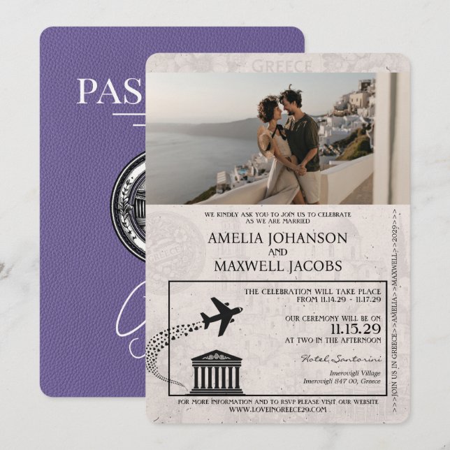 Invitación a la boda Lilac Purple Greece Passport (Anverso / Reverso)