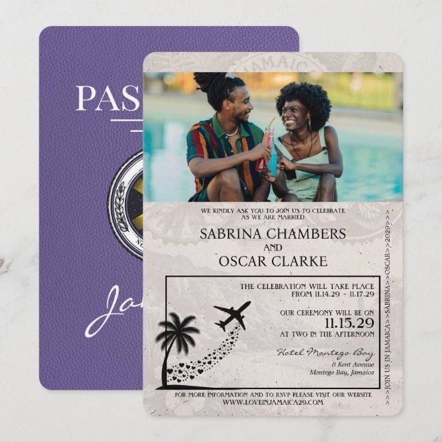 Invitación a la boda Lilac Purple Jamaica Passport (Anverso / Reverso)