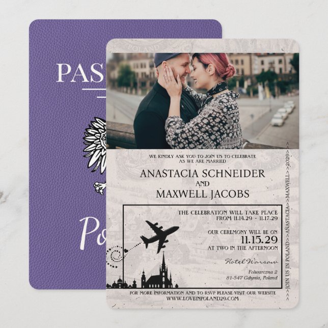 Invitación a la boda Lilac Purple Poland Passport (Anverso / Reverso)