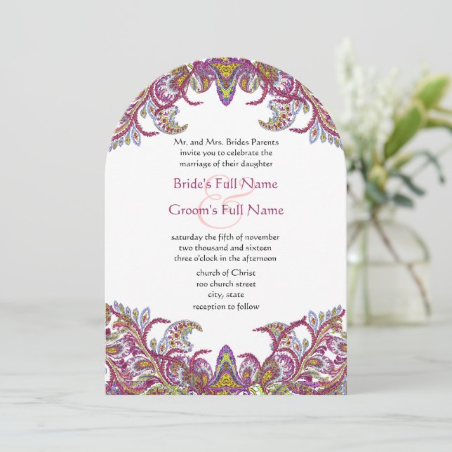 Invitación a la boda Lime Green y Raspberry Damask (Anverso de pie)