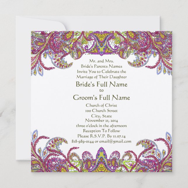 Invitación a la boda Lime Green y Raspberry Damask (Anverso)