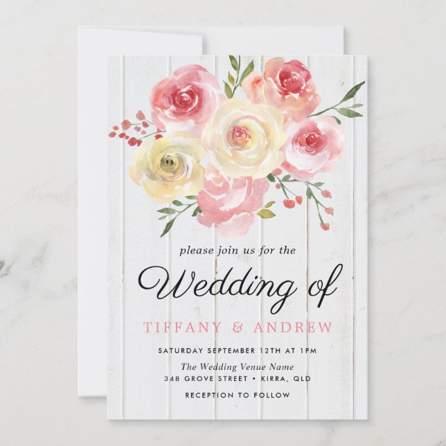 Invitación a la boda maderera de flores rosa Rubor (Anverso)