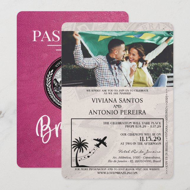 Invitación a la boda Magenta Pink Brasil Passport (Anverso / Reverso)