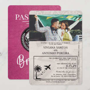 Invitación a la boda Magenta Pink Brasil Passport