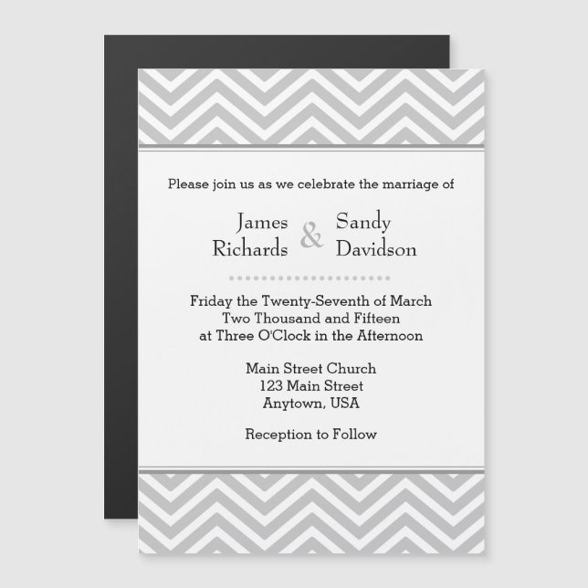 Invitación a la boda magnética de Chevron gris (Anverso/Reverso)