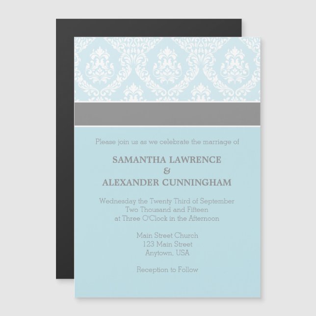 Invitación a la boda magnética de Damasco azul en  (Anverso/Reverso)
