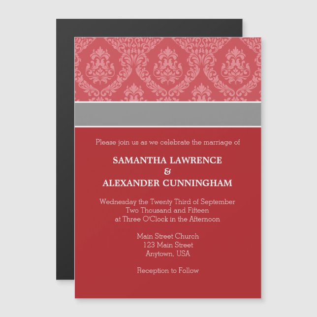 Invitación a la boda magnética de Damasco Rojo (Anverso/Reverso)