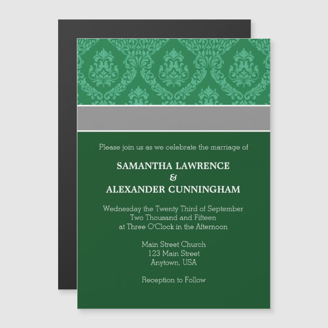 Invitación a la boda magnética de Damasco verde os (Anverso/Reverso)