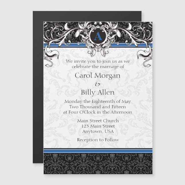 Invitación a la boda magnética del monograma azul  (Anverso/Reverso)