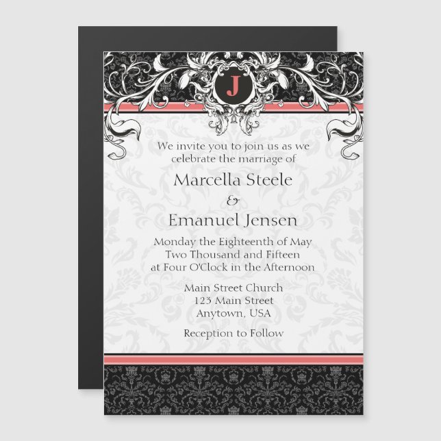 Invitación a la boda magnética del monograma negro (Anverso/Reverso)