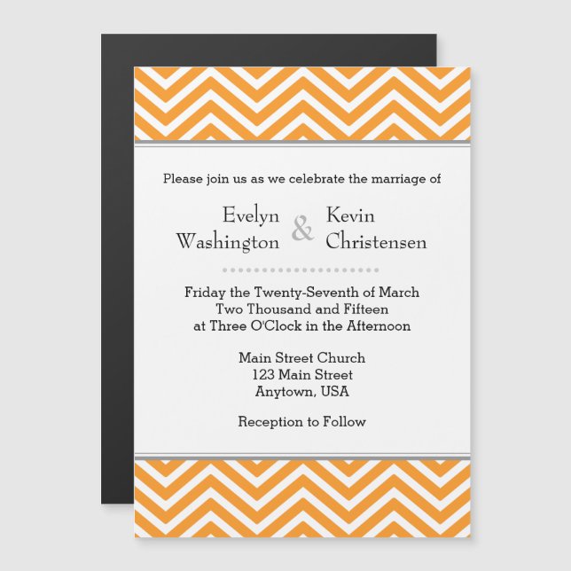 Invitación a la boda magnética del naranja Chevron (Anverso/Reverso)