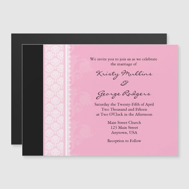 Invitación a la boda magnética moderna rosa negra (Anverso/Reverso)