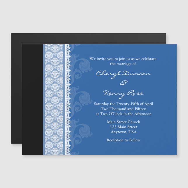 Invitación a la boda magnética moderna y negra azu (Anverso/Reverso)