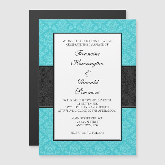 Invitación a la boda magnética turquesa de damasco (Anverso/Reverso)