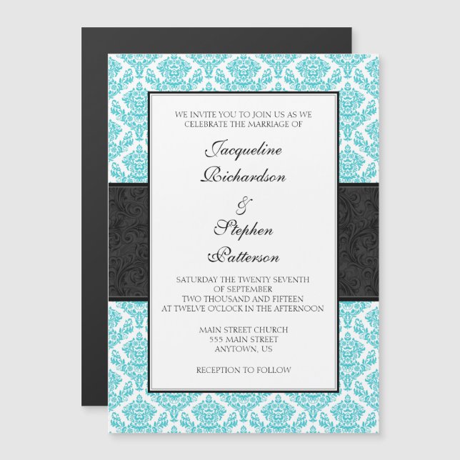 Invitación a la boda magnética turquesa de damasco (Anverso/Reverso)