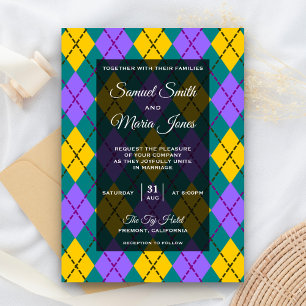 Invitación a la boda mardi gras amarillo morado ar