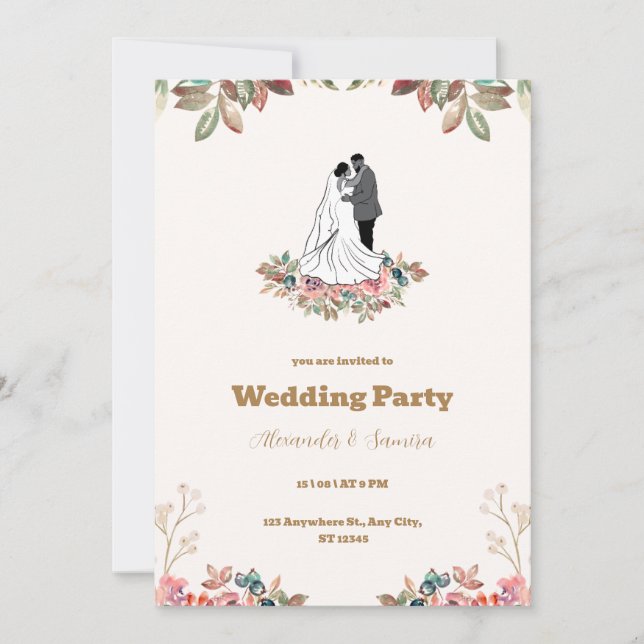 Invitación a la boda marrón acuarela (Anverso)