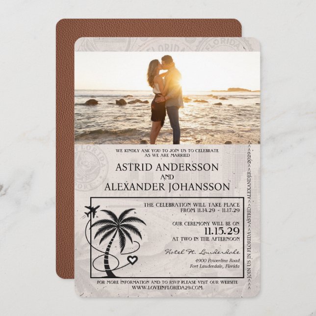 Invitación a la boda marrón en Florida Passport (Anverso / Reverso)