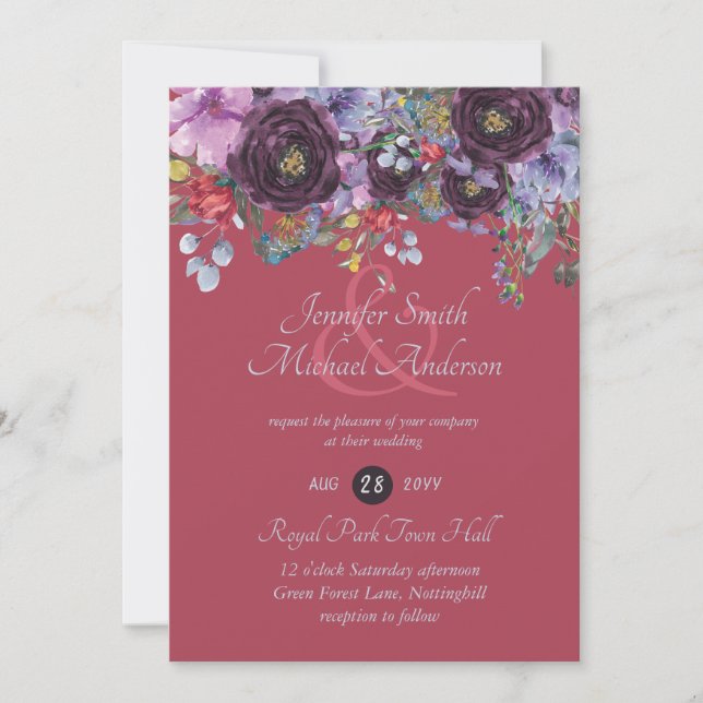Invitación a la boda marrón morado de moras rosada (Anverso)