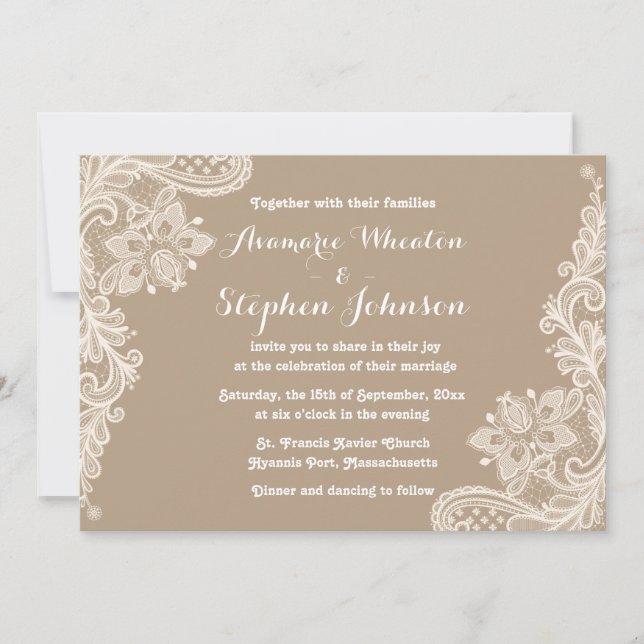 Invitación A La Boda Marrón Y Blanca Floral Lace (Anverso)
