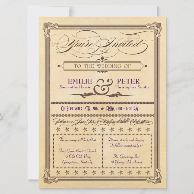 Invitación a la boda marrón y crema con estilo de  (Anverso)