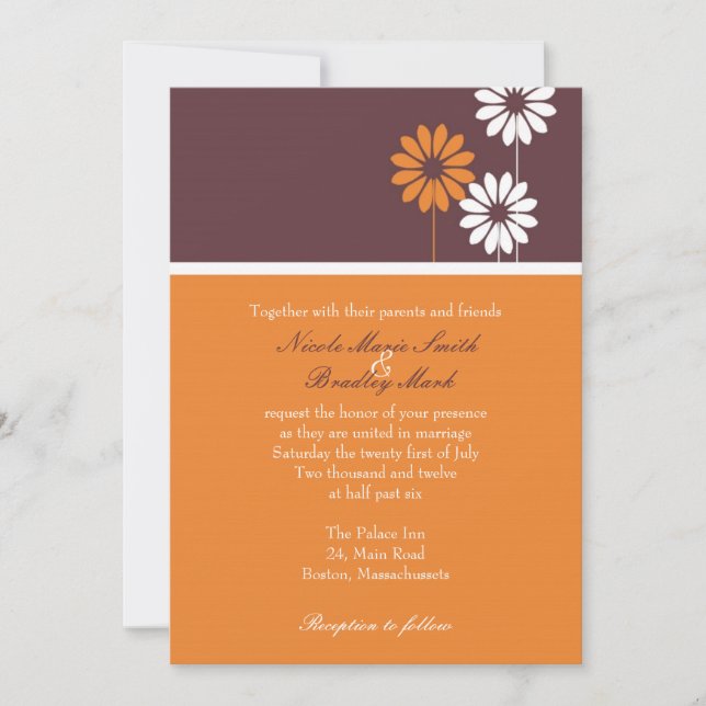 Invitación a la boda marrón y Naranja (Anverso)