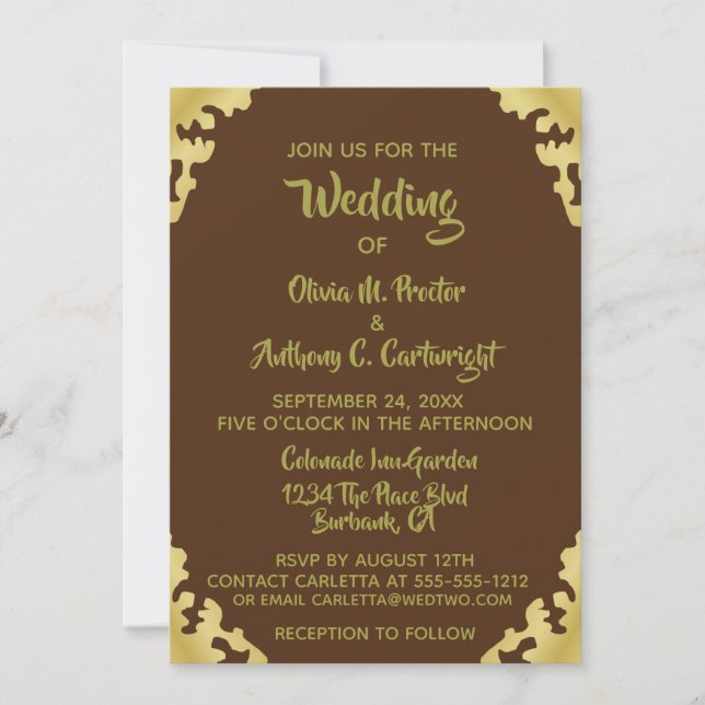 Invitación a la Boda Marrón y Oro Moderno (Anverso)