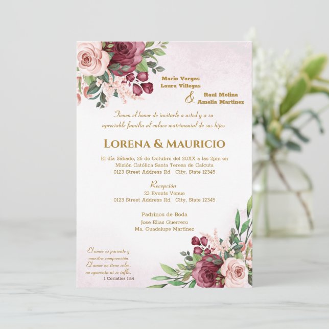 Invitación a la boda marrón y rosa rubor (Anverso de pie)
