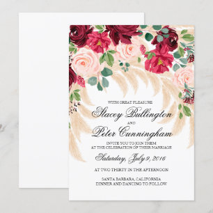 Invitación a la boda Marsala peony rosa pampas pas