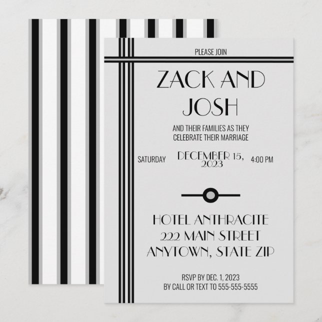 Invitación a la boda masculina negra y griega (Anverso / Reverso)