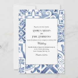 Invitación a la boda mediterránea en mosaico azul