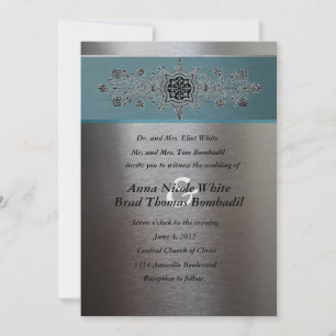 Invitación a la boda metálica de plata y agua azul