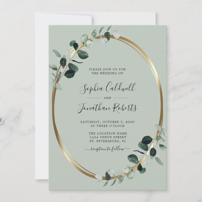Invitación a la Boda Metálica Eucalyptus Sage Gold (Anverso)