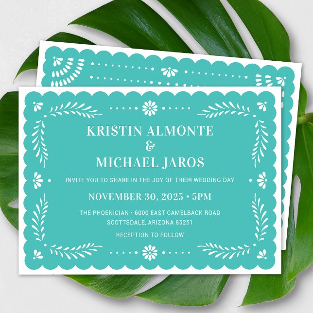 Invitación a la boda mexicana de Papel Picado mode (Modern Papel Picado Wedding Invitation In Turquoise)