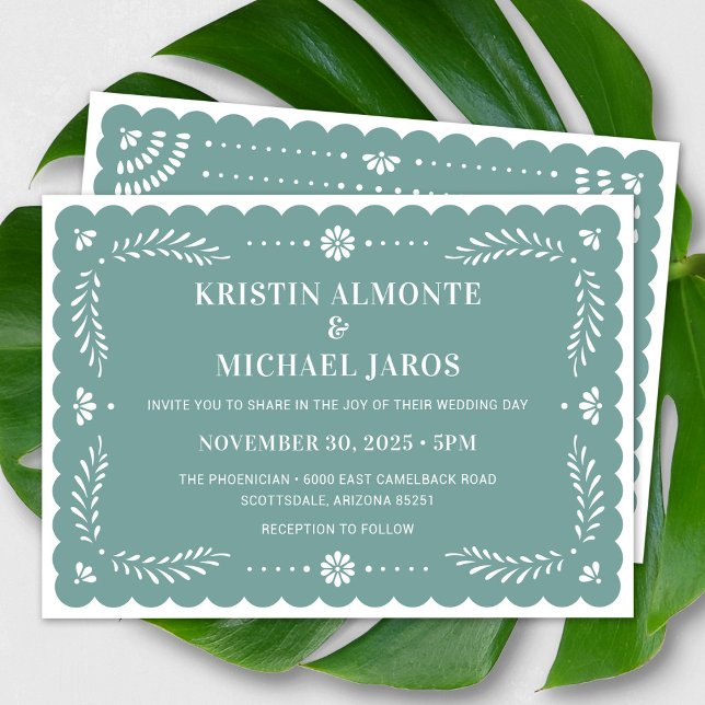 Invitación a la boda mexicana de Papel Picado mode (Modern Papel Picado Wedding Invitation In Sage)