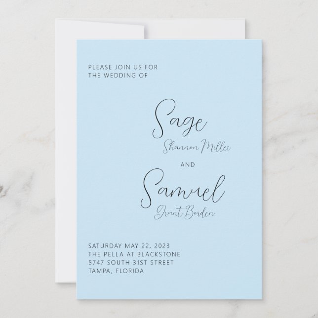 Invitación a la boda mínima azul claro (Anverso)