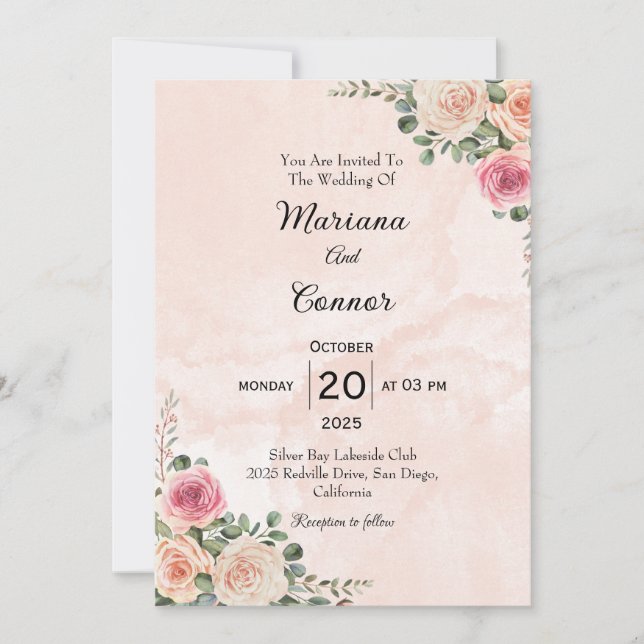 Invitación a la boda mínima con flores de crema ro (Anverso)