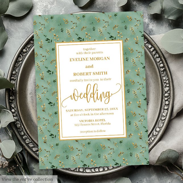 Invitación a la boda mínima de eucalipto de oro ve (Minimal sage green gold eucalyptus wedding invitation)