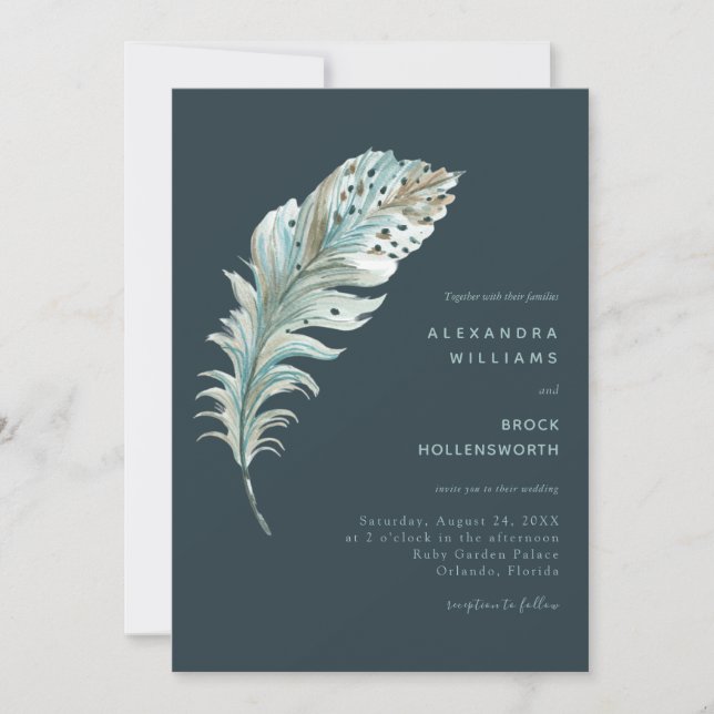Invitación a la boda mínima de la pluma azul verde (Anverso)