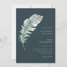 Invitación a la boda mínima de la pluma azul verde