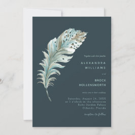 Invitación a la boda mínima de la pluma azul verde