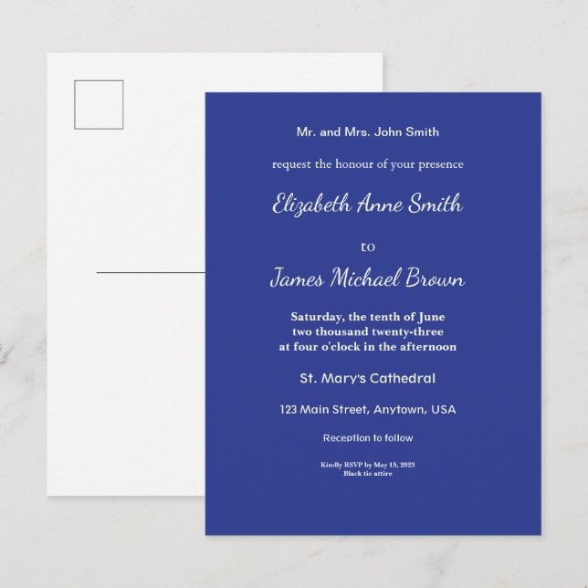 Invitación a la boda mínima en azul profundo (Anverso / Reverso)
