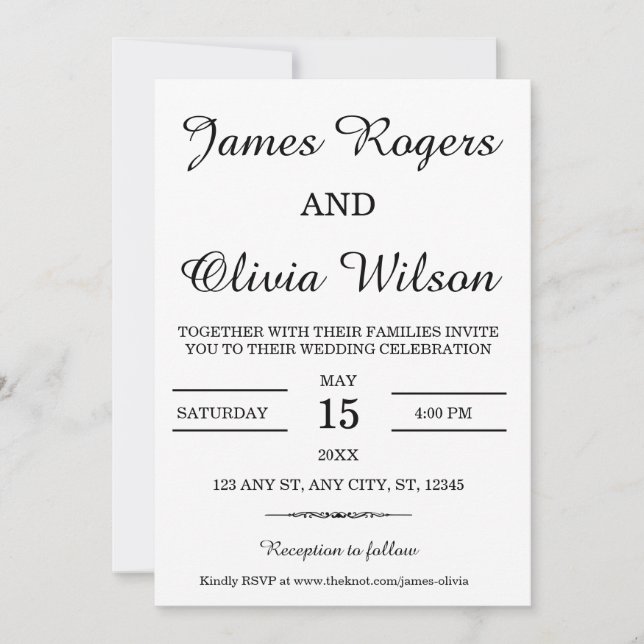 Invitación a la boda mínima en blanco y negro (Anverso)