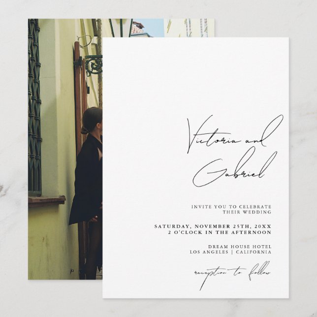 Invitación a la boda mínima moderna con foto (Anverso / Reverso)