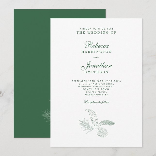 Invitación a la boda mínima verde de hoja tropical (Anverso / Reverso)