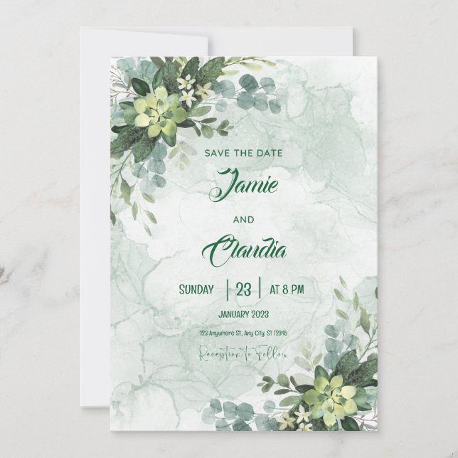 Invitación a la boda Minimalista blanca y verde (Anverso)