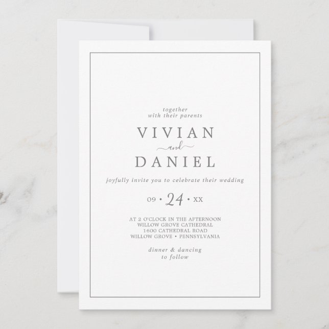 Invitación a la boda minimalista de Casual Plata (Anverso)