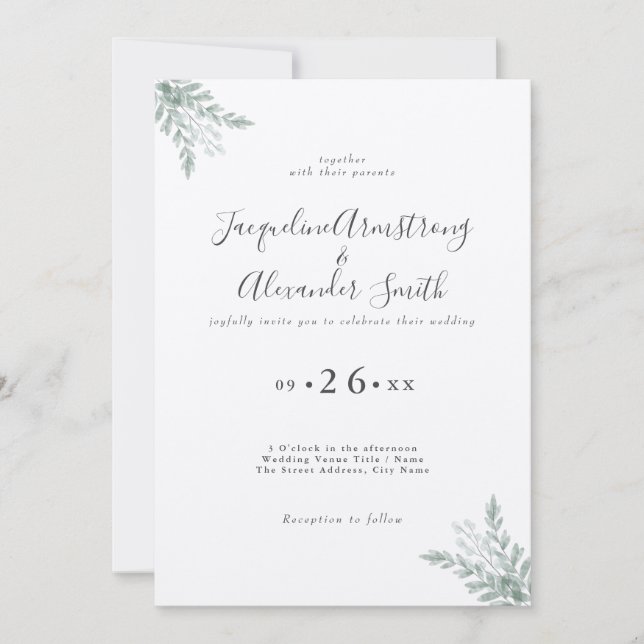 Invitación a la boda Minimalista de Eucalyptus (Anverso)