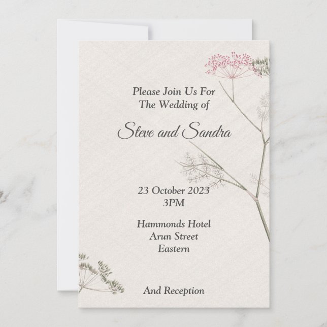 Invitación a la boda minimalista, florecimiento ve (Anverso)