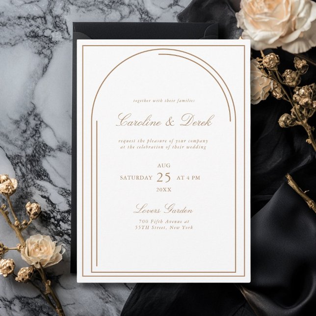 Invitación a la boda Minimalista moderna | (Modern Minimalist Wedding Invitation | Arch Border White Light-Brown Invitation)